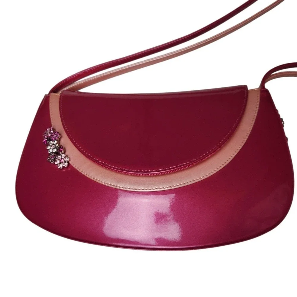 Stuart Weitzman Y2K 90s Shoulder Bag Purse Patent Leather Pink Rhinestone Spain